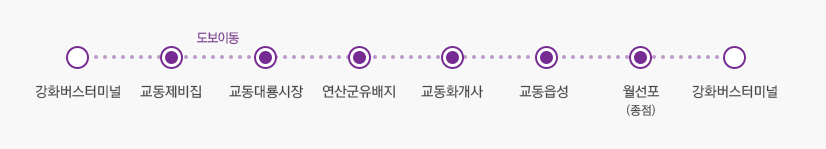 강화버스터미널→월선포(종점)→도보 이동→교동읍성→교동 화개사→화개산 등산(또는 버스 이용)→대룡시장 구경→버스이용→강화버스터미널